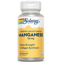 SOLARAY Manganese supplement bottle front emphasizes 50 mg per serving for bone support