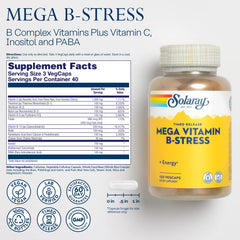 SOLARAY Mega Vitamin B-Stress bottle front shows vegan formula label