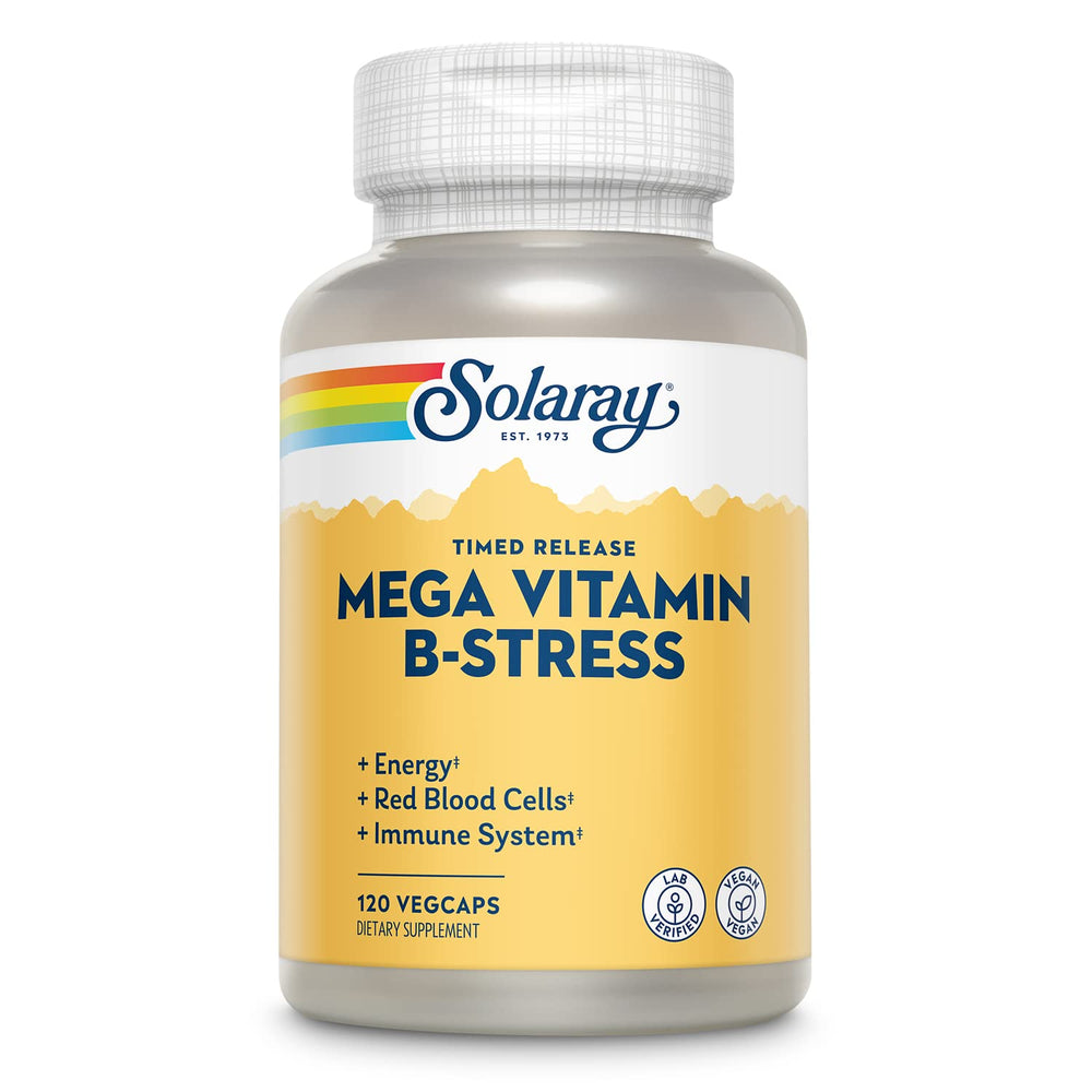SOLARAY Mega Vitamin B-Stress bottle pour with capsules, ready for daily use