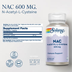 Solaray NAC label on bottle highlighting quality immune support per serving