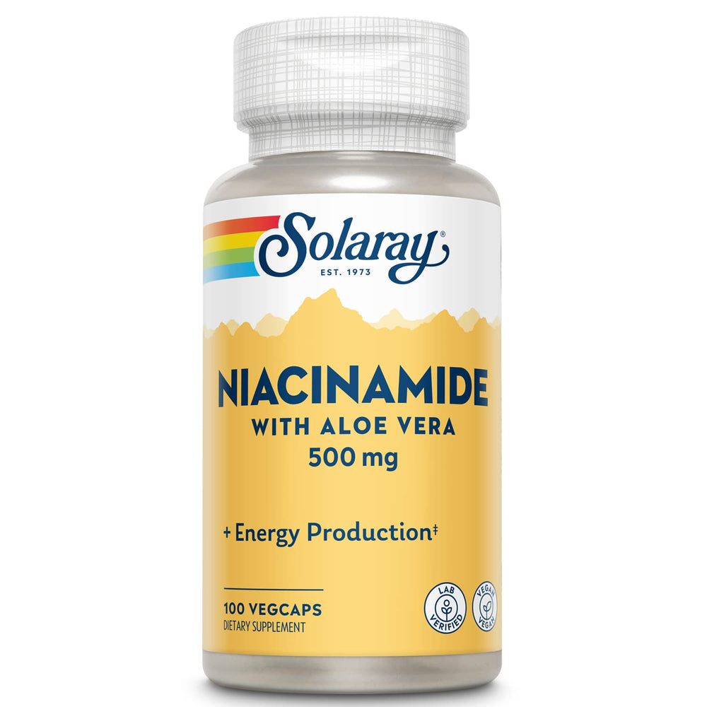SOLARAY Niacinamide 500 mg bottle on a clean surface for energy support