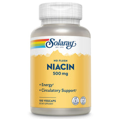 SOLARAY No-Flush Niacin 500mg bottle with flush-free energy support