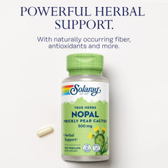 Solaray Nopal capsules in bottle emphasize fiber-rich nutrition for balanced daily health.