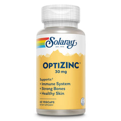 SOLARAY OptiZinc 30 mg bottle shows high-absorption zinc for daily support.