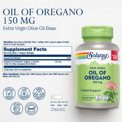 SOLARAY oregano oil softgels in hand for easy swallowing.