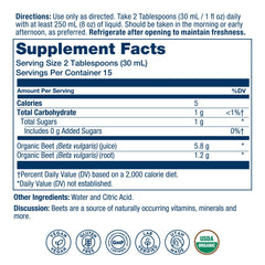Solaray Organic Beetroot Juice concentrate splash in glass showing unsweetened option