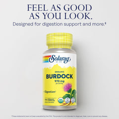 SOLARAY Organic Burdock Root label emphasizes USDA Organic and vegan purity.