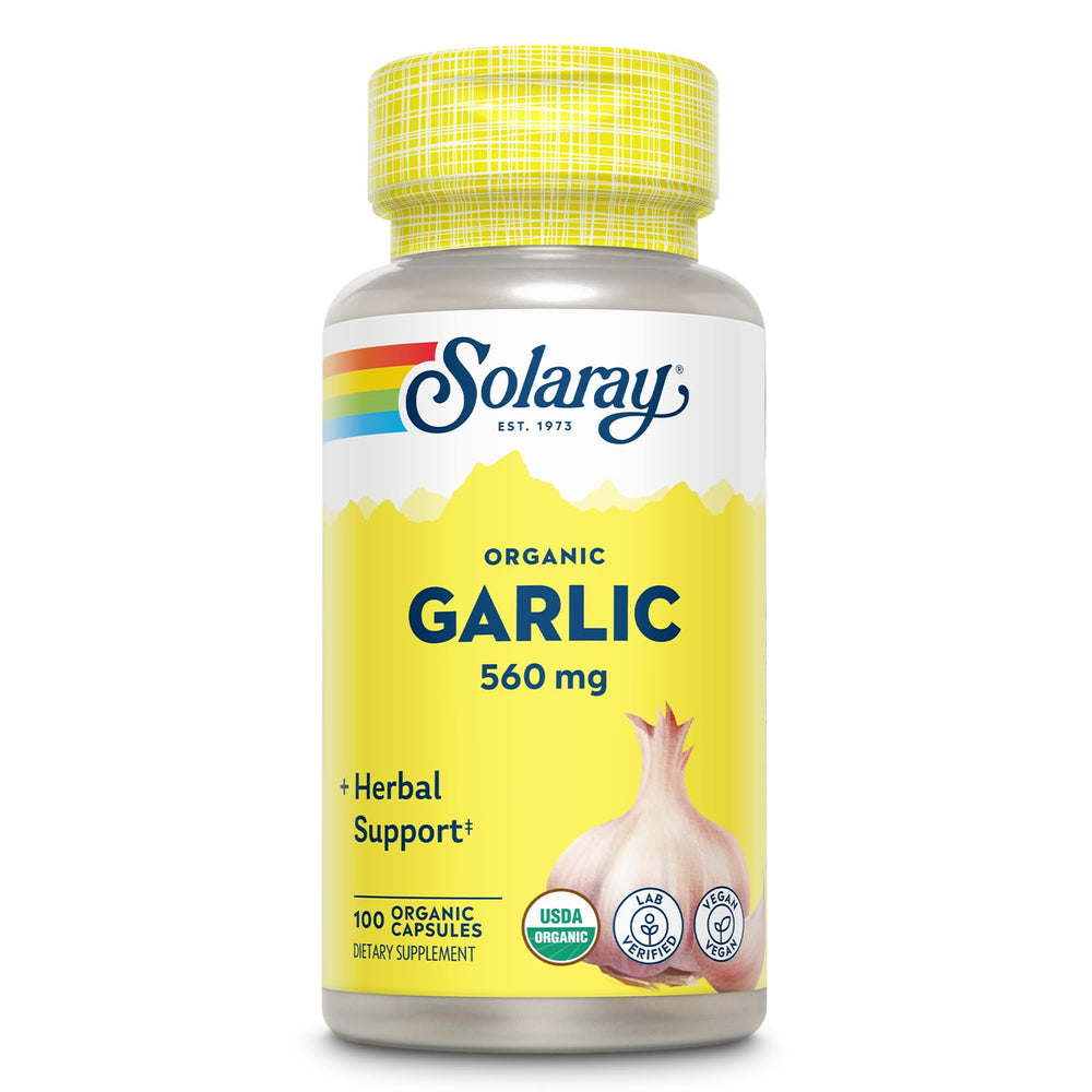 SOLARAY Organic Garlic Pills bottle close-up for daily wellness support