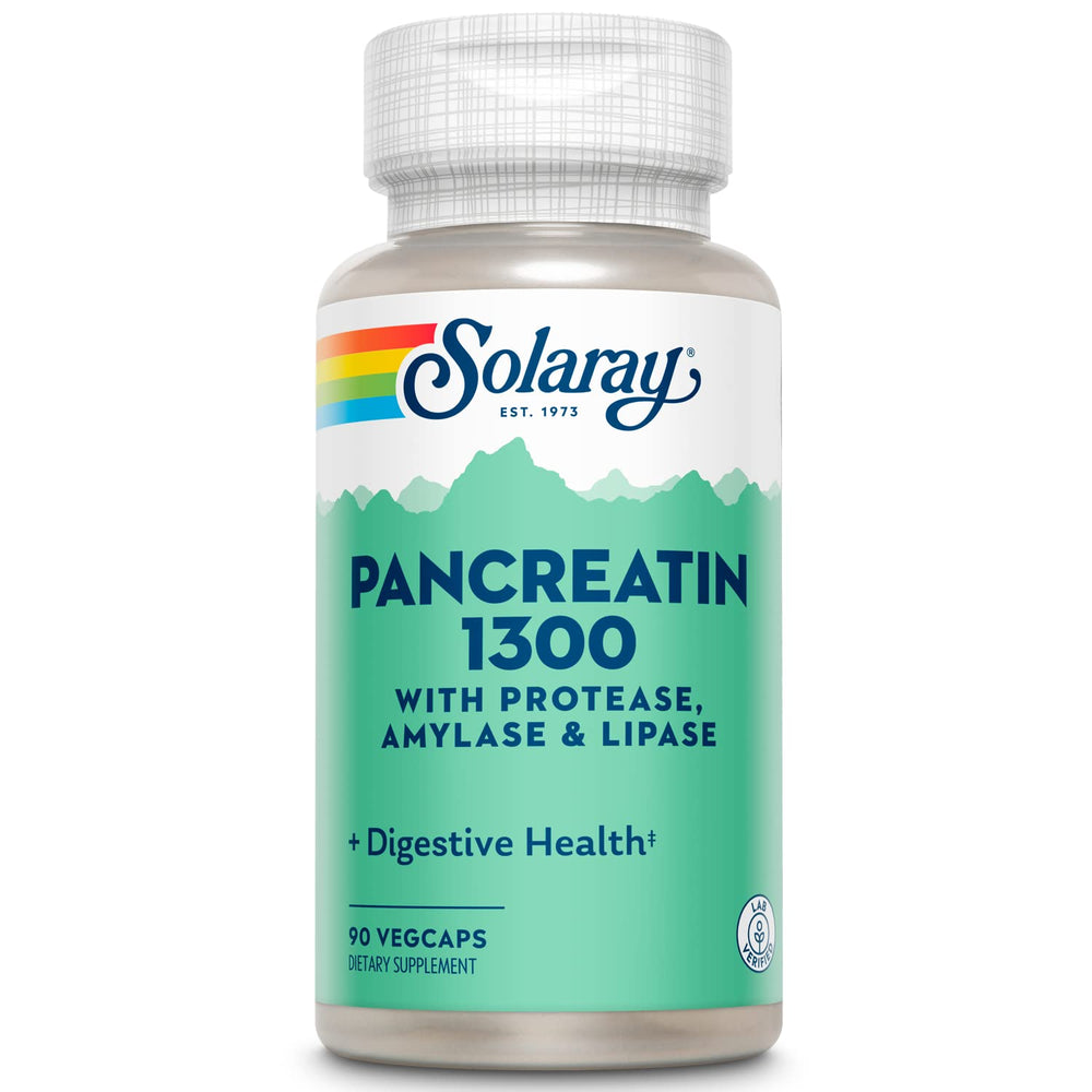 Solaray Pancreatin 1300 bottle supports post-meal protein and fat digestion