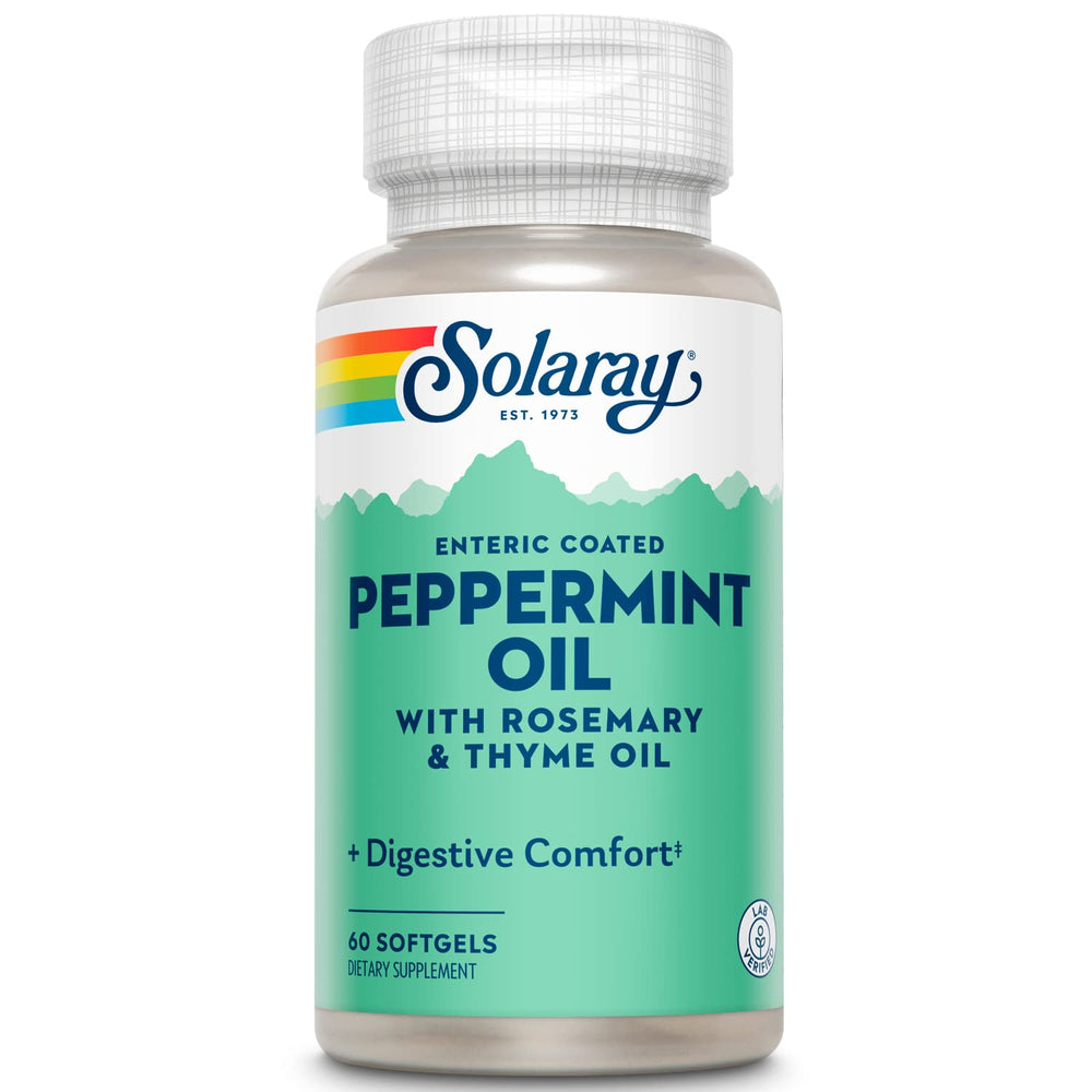 SOLARAY Peppermint Oil Enteric bottle closeup supporting gentle digestion.