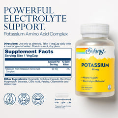 Solaray Potassium 99 mg bottle label close-up highlights bioavailable potassium complex