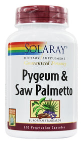 Solaray Pygeum & Saw Palmetto bottle with standardized extracts for potential prostate support.