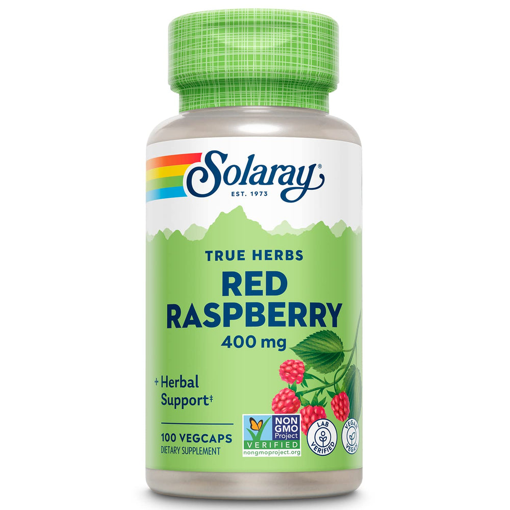 SOLARAY Red Raspberry Leaves capsules bottle for potential support during pregnancy.