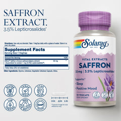 SOLARAY Saffron Extract capsules close-up for convenient vegan mood support.