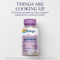 SOLARAY Saffron Extract label close-up showing gluten-free formulation.