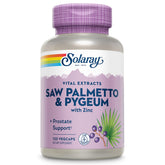 SOLARAY Saw Palmetto & Pygeum bottle with capsules supports urinary comfort and prostate health.