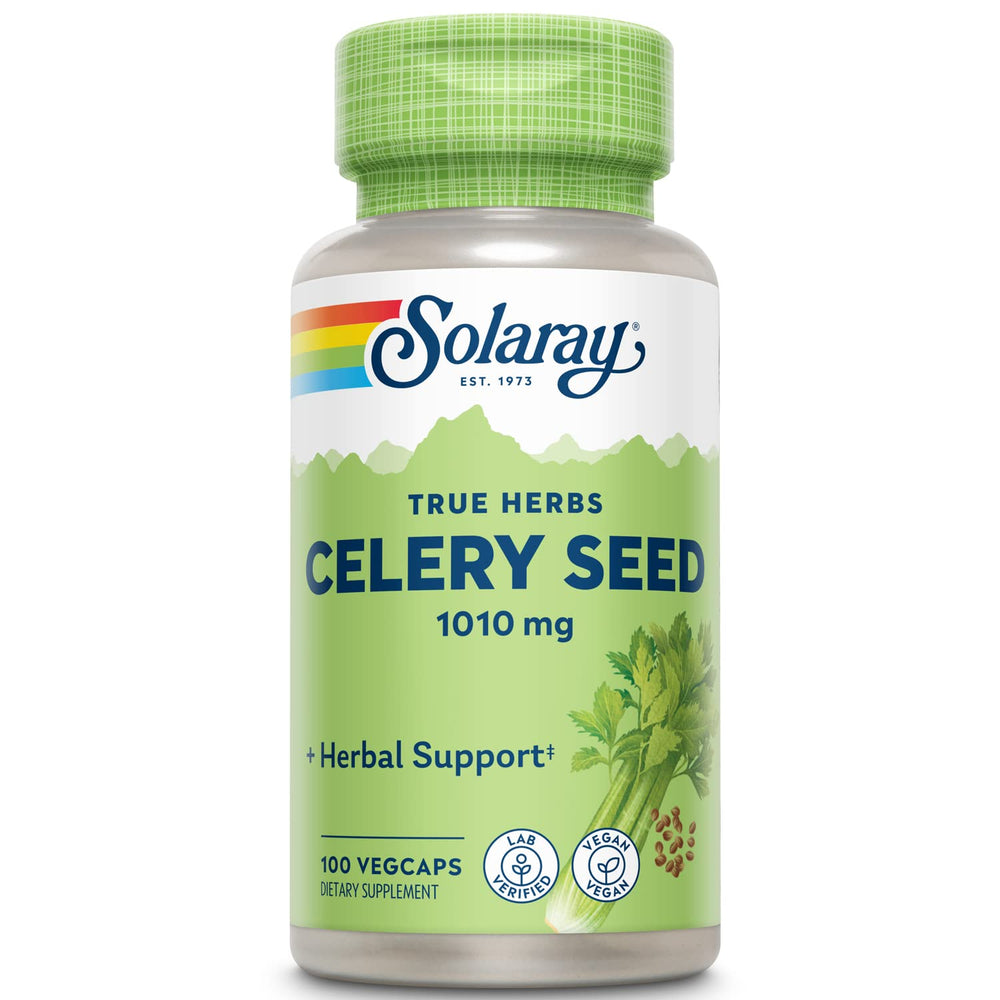 Solaray semilla de apio, botella vista frontal, posible apoyo al equilibrio diario