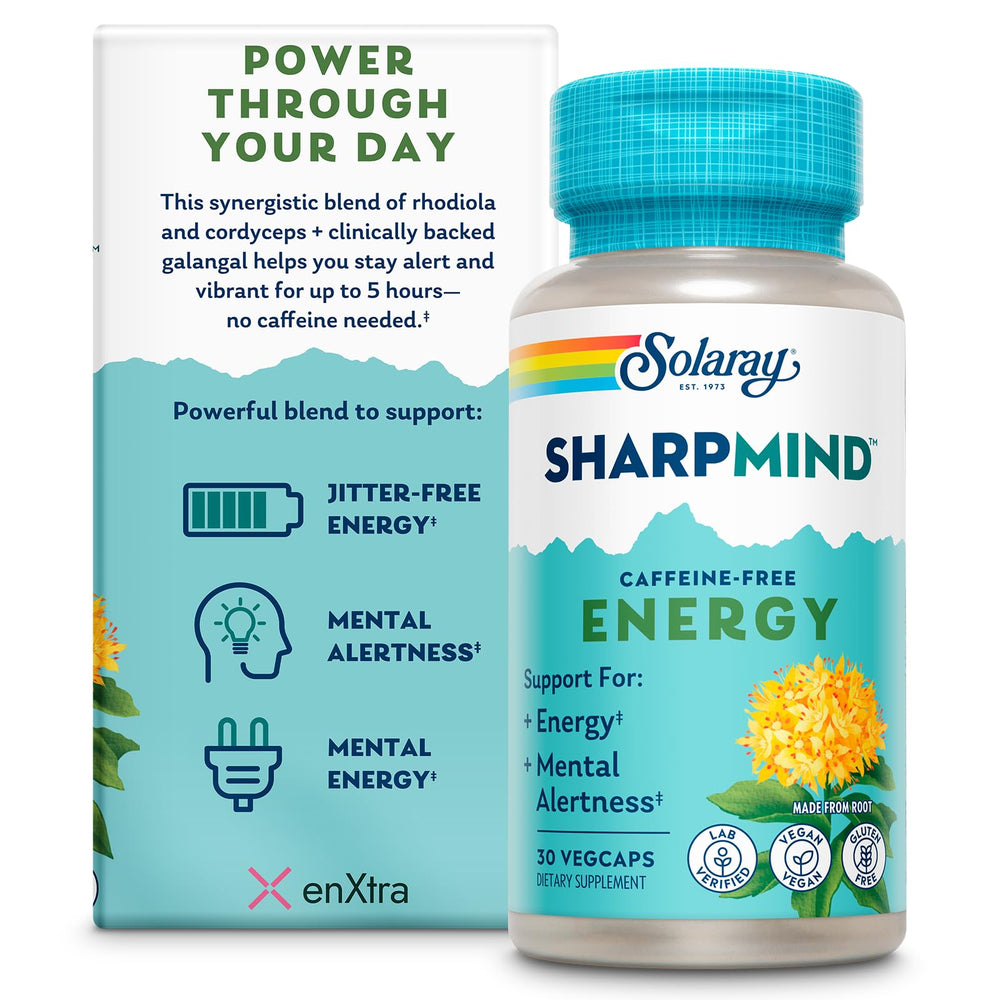SOLARAY SharpMind Energy bottle showing caffeine-free focus support for daily use