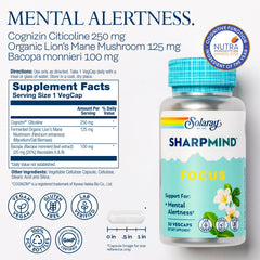 SOLARAY SharpMind Focus bottle on white surface suggests daily use.