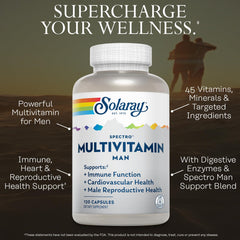 SOLARAY Spectro Men greens ingredients panel suggesting energizing nutrition for vitality.
