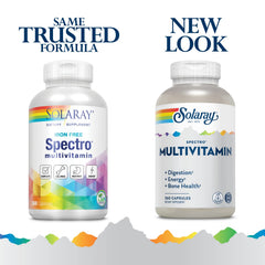 SOLARAY Spectro Multivitamin iron free bottle side view and vitamin blend