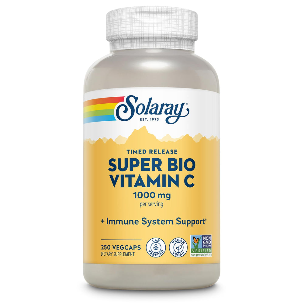 SOLARAY Super Bio Vitamin C 1000mg with rose hips, bottle pour suggests immune support potential