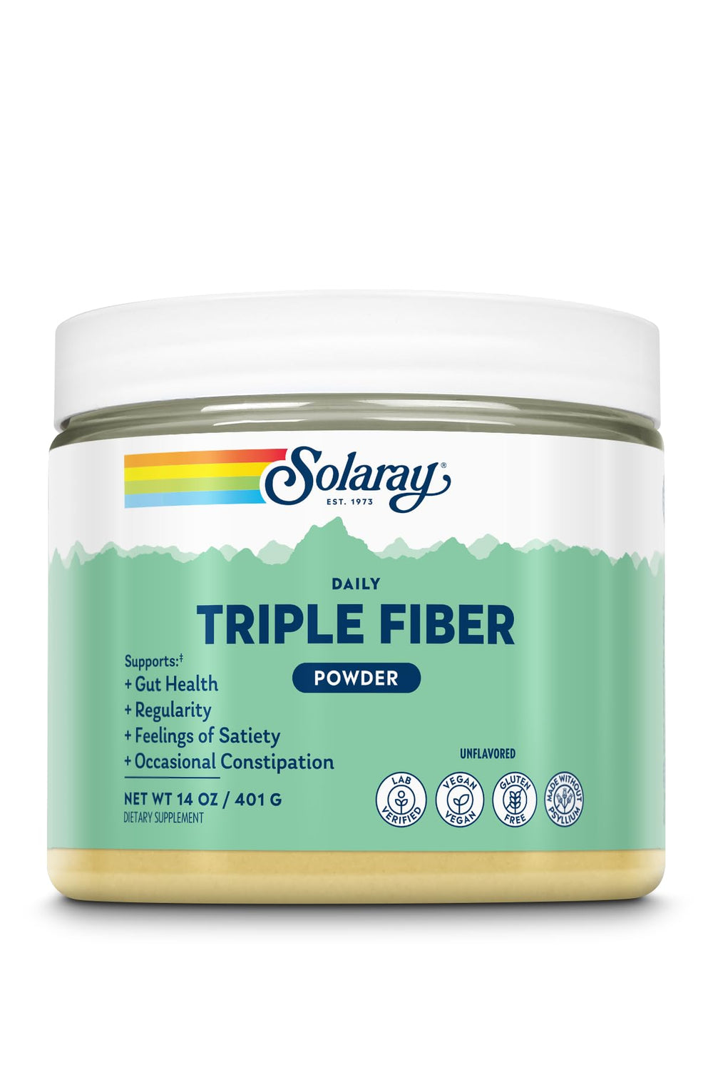 SOLARAY Triple Fiber Powder tub front, vegan and gluten-free daily fiber source.