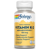 Solaray triple strength vitamin k2-mk7 bottle showcases vegan, soy-free bone support.