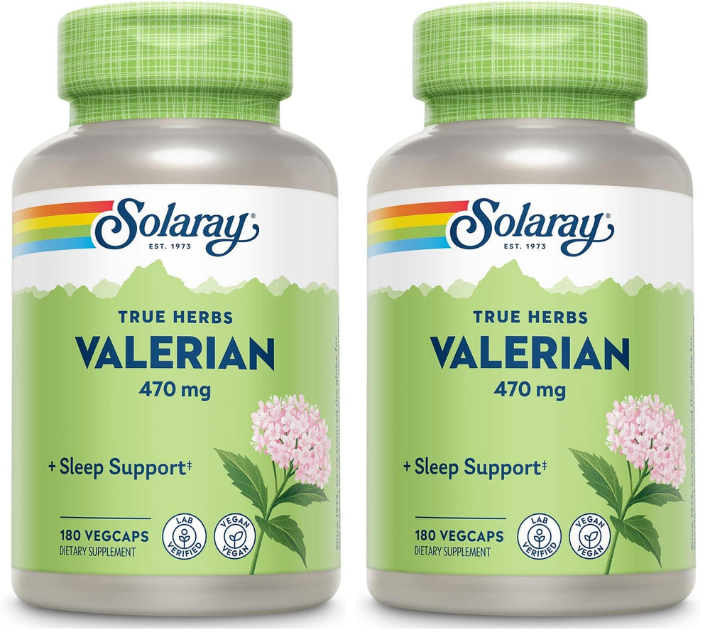 SOLARAY Valerian 470mg bottle image highlighting relaxation support for a calmer evening