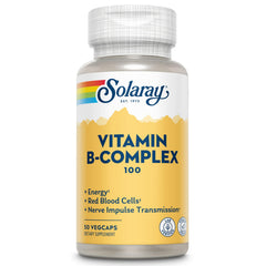 Solaray Vitamin B Complex 100mg bottle label close-up showing daily energy support