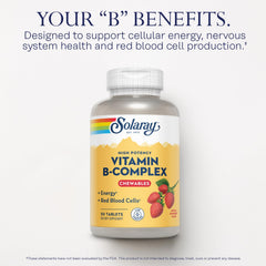 SOLARAY Vitamin B-Complex strawberry tablets close-up, convenient on-the-go use.