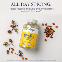 SOLARAY Vitamin C bottle close-up highlighting rose hips and acerola ingredients