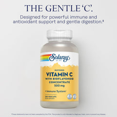 SOLARAY Vitamin C capsules being poured—buffered formula for gentle digestion.