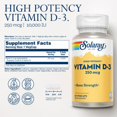 SOLARAY Vitamin D3 10000IU bottle label emphasizing potency and quality