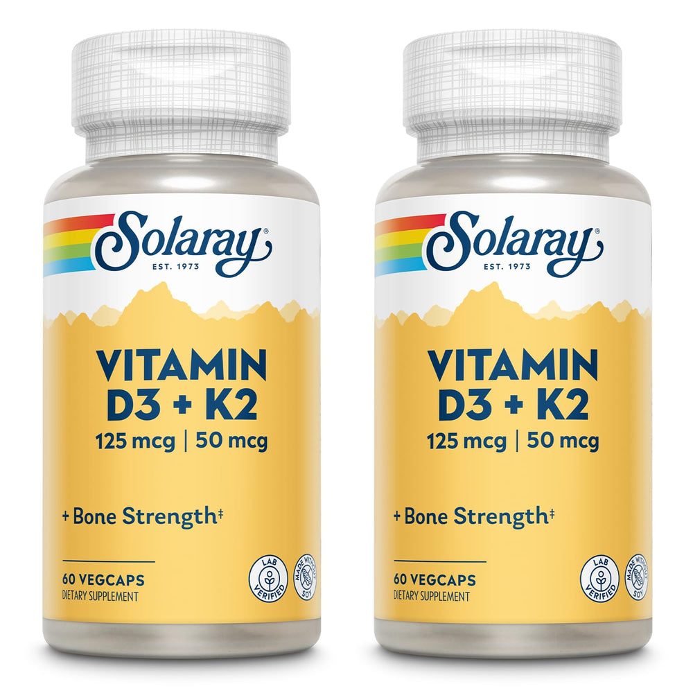 SOLARAY Vitamin D3 + K2 softgels bottle for convenient daily calcium support.