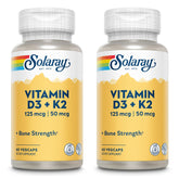 SOLARAY Vitamin D3 + K2 softgels bottle for convenient daily calcium support.