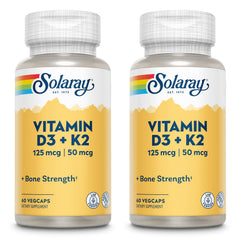 SOLARAY Vitamin D3 + K2 softgels bottle for convenient daily calcium support.