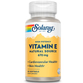 SOLARAY Vitamin E 1000 IU softgel bottle shown for skin and heart support, high potency