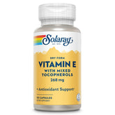 SOLARAY Vitamin E 400 IU dry-form capsules with mixed tocopherols for antioxidant support and gentle digestion.