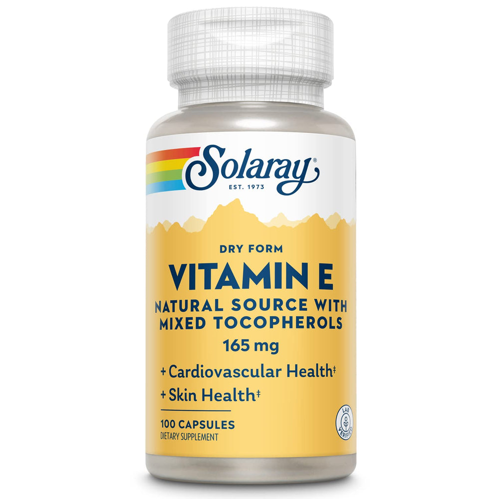 SOLARAY Vitamin E 200 IU bottle highlighting a dry, non-oily formula for easy digestibility.