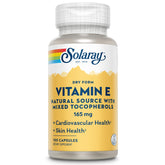 SOLARAY Vitamin E 200 IU bottle highlighting a dry, non-oily formula for easy digestibility.