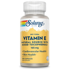 SOLARAY Vitamin E 200 IU bottle highlighting a dry, non-oily formula for easy digestibility.