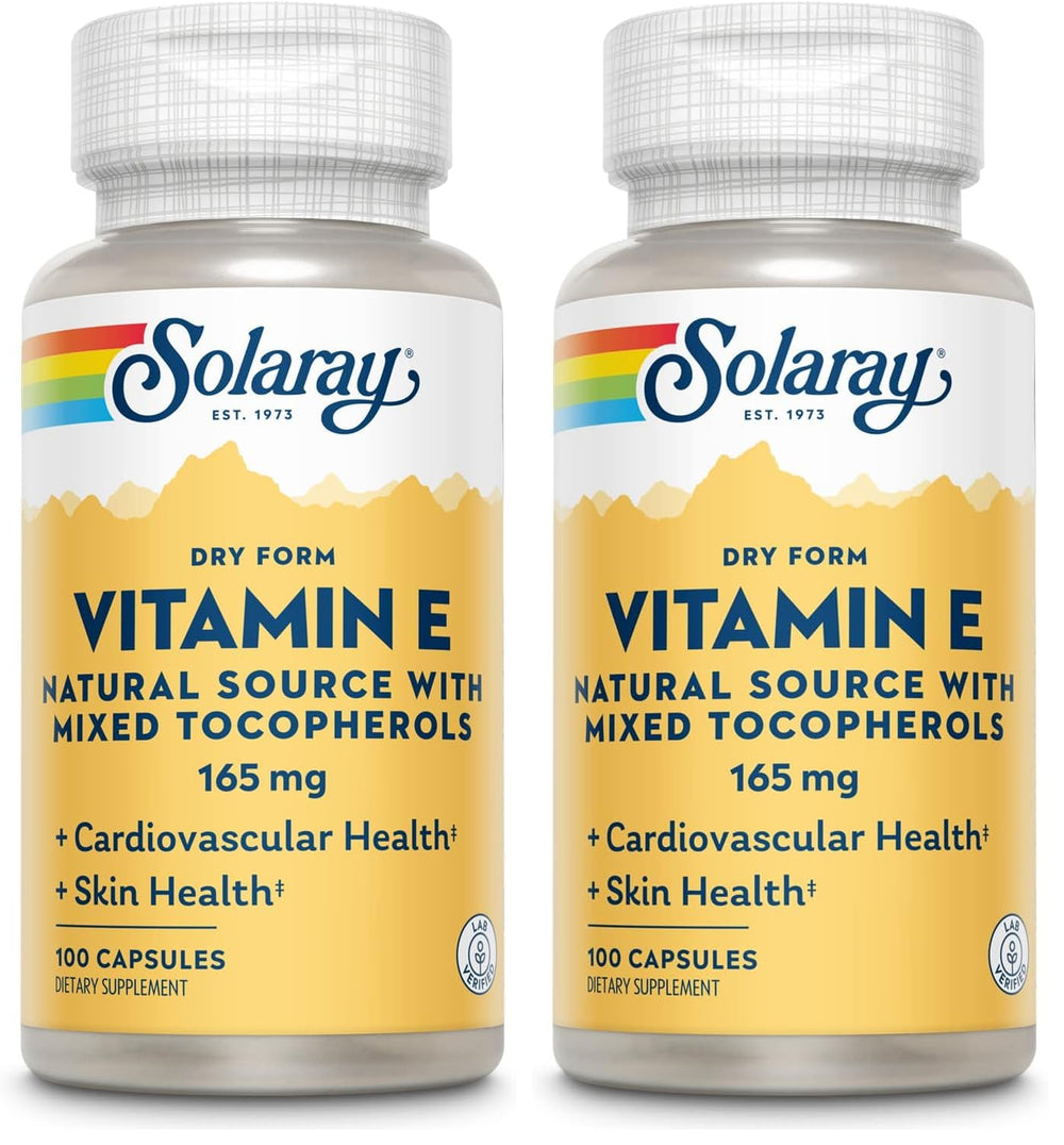 SOLARAY Vitamin E Dry 200 IU bottle shows non-oily capsules for easy digestion