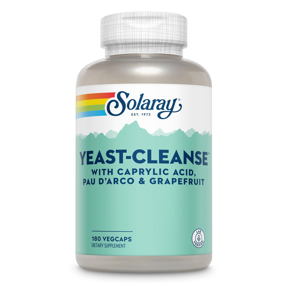 Solaray Yeast-Cleanse bottle front view with vegetarian capsules for daily wellness.