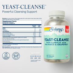 SOLARAY Yeast Cleanse bottle-label close-up highlighting key ingredients.