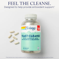 SOLARAY Yeast Cleanse capsules-closeup emphasizing convenient six-capsule daily regimen.