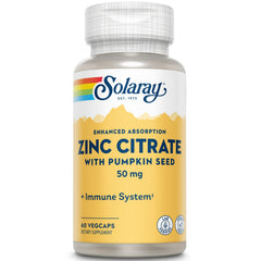 SOLARAY Zinc Citrate 50mg capsules shown for easy daily intake.