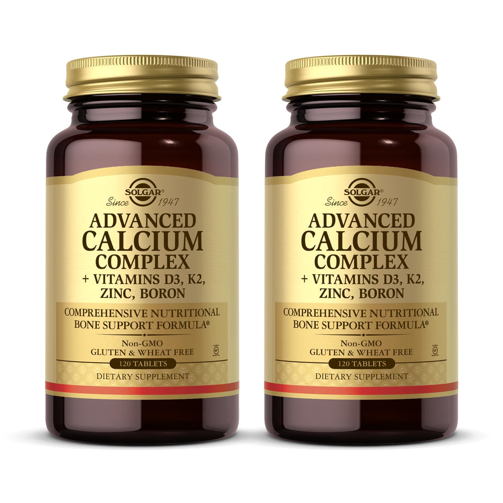 Solgar Advanced Calcium Complex bottle front shows label indicating non-GMO and gluten-free formula for bone support.