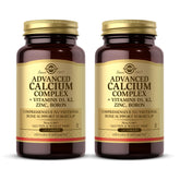 Solgar Advanced Calcium Complex bottle front shows label indicating non-GMO and gluten-free formula for bone support.