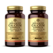 Solgar Advanced Calcium Complex bottle front shows label indicating non-GMO and gluten-free formula for bone support.